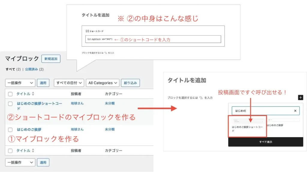 マイブロックのショートコードをすぐに呼び出す方法