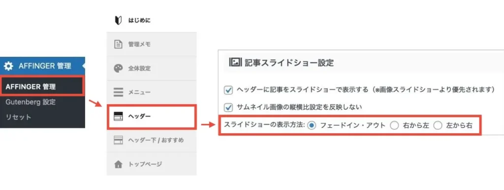 「AFFINGER管理」→「ヘッダー」→「スライドショーの表示方法」