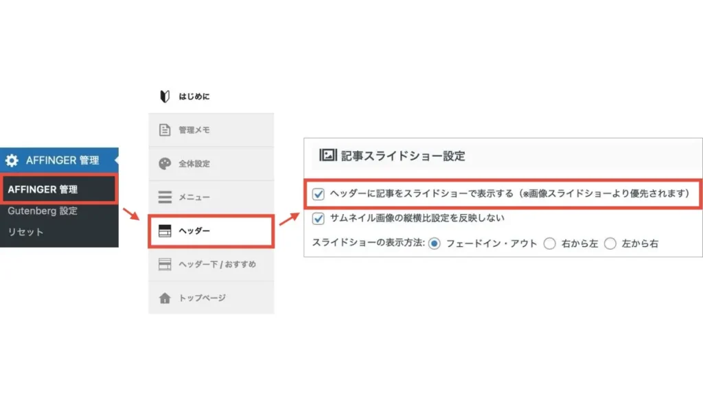 「AFFINGER6管理」→「ヘッダー」→「ヘッダーに記事をスライドショーで表示する」