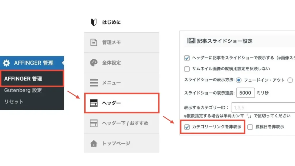 WordPress管理画面から「AFFINGER管理」→「ヘッダー」→記事スライドショー設定項目にある「カテゴリーリンクを非表示」